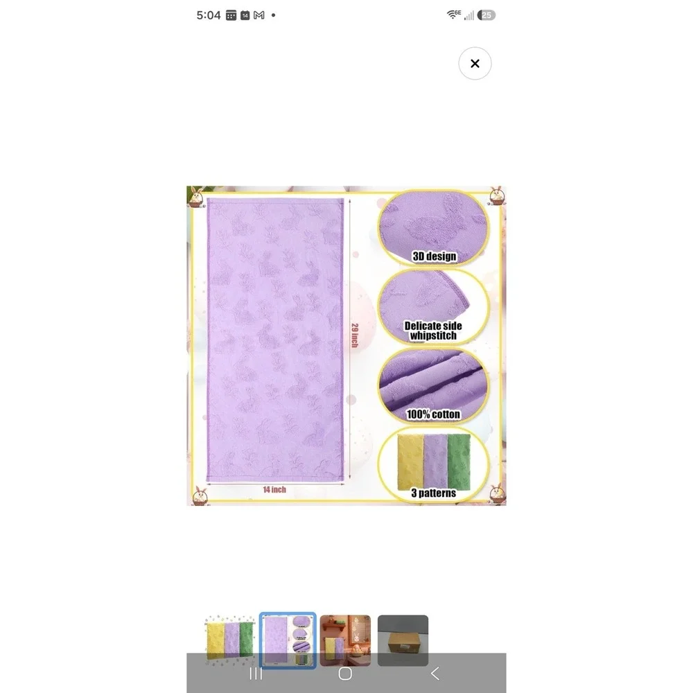 3 PCS Easter Bunny Floral Hand Towel‎ Set Purple Yellow Green Cotton 14x29